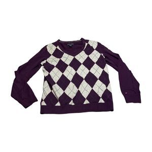 Tommy Hilfiger Sweater Women Large Argyle 100% Pima Cotton Knit V-Neck Pullover